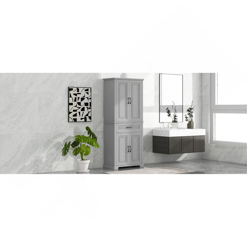 Armoire de rangement de salle de bain avec portes et tiroir, plusieurs espaces de rangement, tablette réglable, Gris