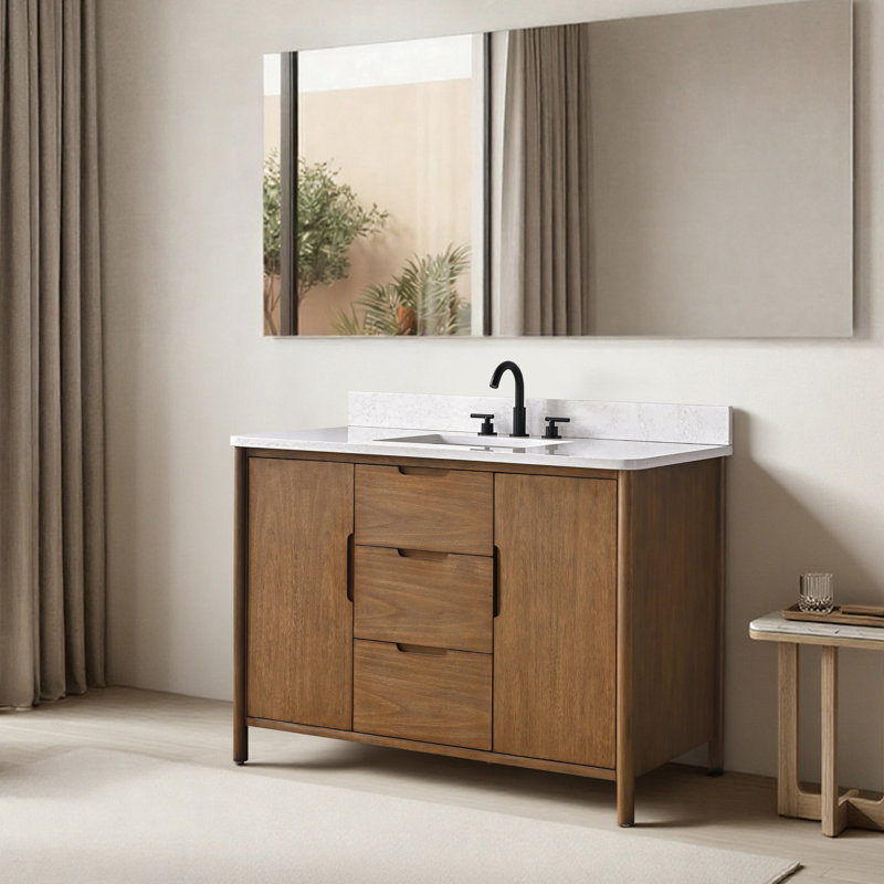 Meuble-lavabo autoportant à simple cuve 48 po avec dessus en pierre reconstituée, centrale électrique cachée, support de chargement USB et support pour sèche-cheveux Lucerne 