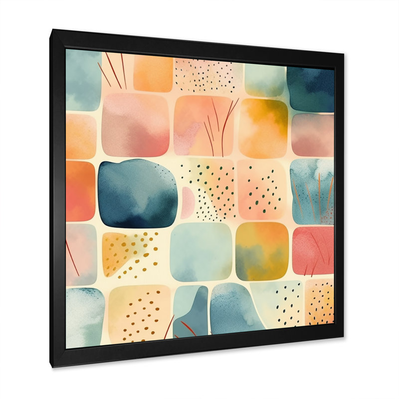 «Orange Fun Pattern Of Shapes III», art mural abstrait géométrique, Cadre photo noir, H 16 po x l 16 po x P 1 po