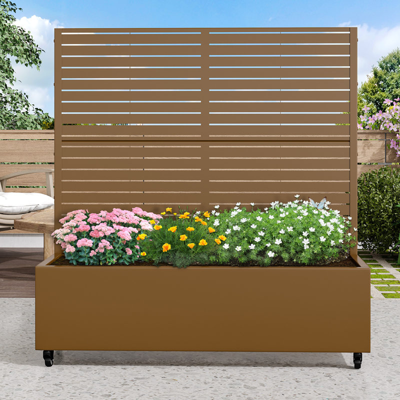 Boîte à fleurs d'extérieur individuelle en métal rectangulaire avec treillis pour plantes grimpantes, Brun