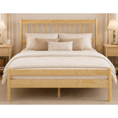 Traditional Style Queen Size Bed with Headboard and Footboard, Pinewood Bed with Strengthened Bed Frame ,Walnut ,Natural