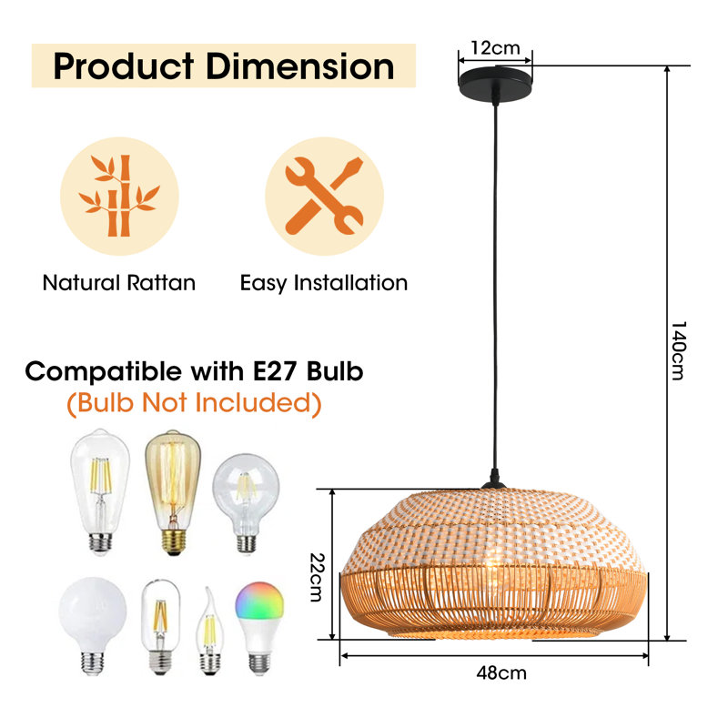 Rattan & Film Pendant Light, Mixed Materials Shade, Iron Frame, Adjustable Height, E27 Socket, 48 Cm Diameter, For Modern Rustic Interiors (Bulb Not Included)