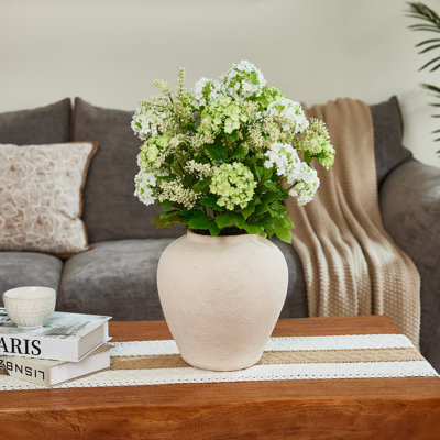 Fleurs d'hortensia artificielles 24 po avec vase beige - Faux fleurs d'hortensias artificielles, fausses fleurs d'hortensias, fleurs artificielles en pot pour la décoration de salon, de table à manger, de bureau