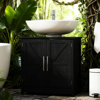 Armoire de salle de bain piédestal, deux portes de grange, arrangement de tablette réglable, portes magnétiques pour une fermeture sécurisée, fente en U de 7,9 po, basculante et antidérapante, l 23,6 po de largeur, H 11,8 po, 2 rangements