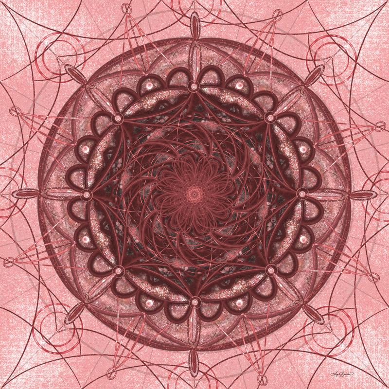 Mandala rose métallique par Angela Bawden, H 36 po x l 36 po, Toile flottante blanche encadrée, Pas de tapis