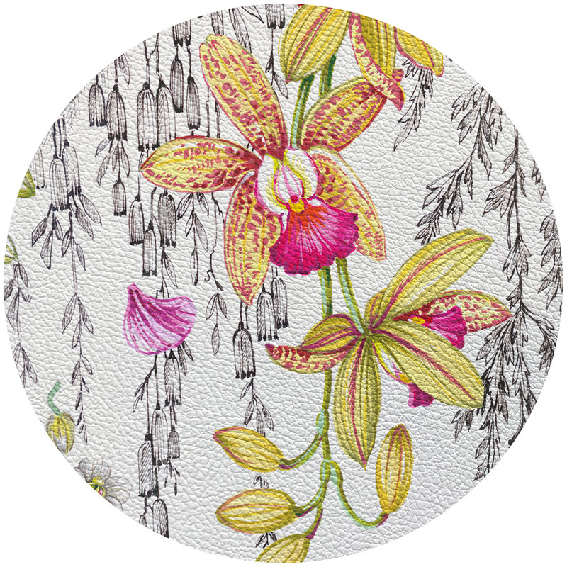 Orchid Pangea Vegan Leather Round Pebble Placemat, Yellow Pink