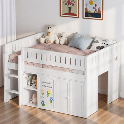 Loft Bed With Double-Door Cabinet, Open Shelves And Chalkboard Panel