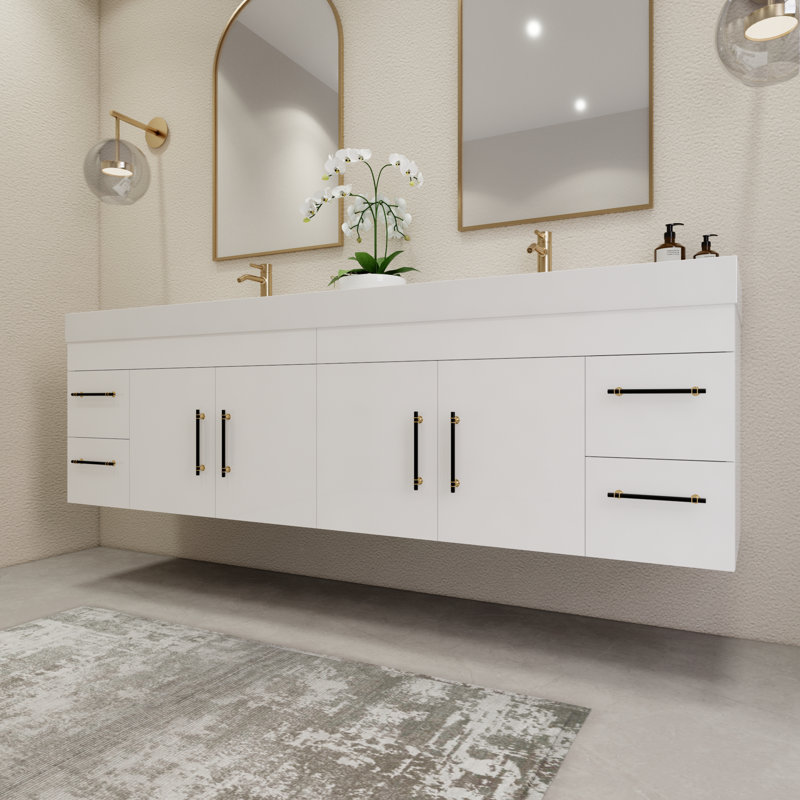 84" Wall-Mounted Double Bathroom Vanity Set, Glossy White
