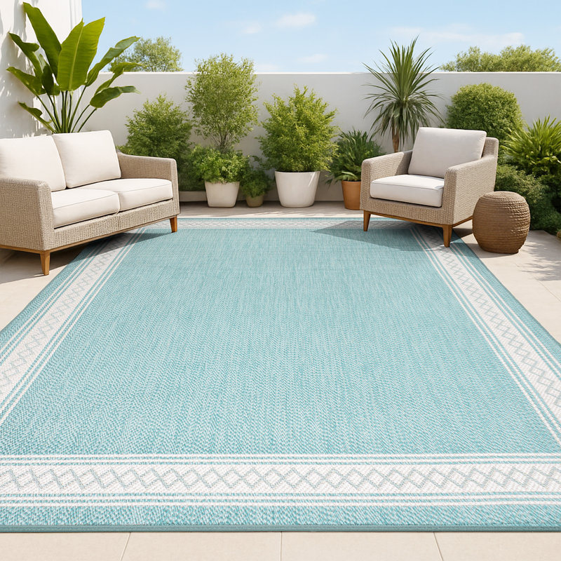 Claraville Classic Diamond Border Aqua/Light Gray Indoor/Outdoor Rug, Rectangle 3'11" x 6'