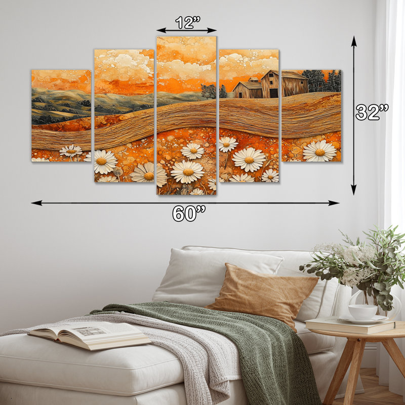«Daisies Flowers Barn Bold Landscape II» - marguerites, art mural - ensemble d'art mural traditionnel
