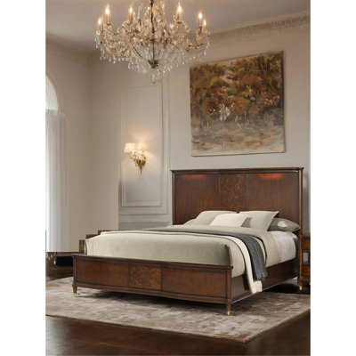 Transitional Queen Size Bed - Dark Cherry Finish, Gold-Capped Legs, Poplar Burl Veneer Panel Bedframe