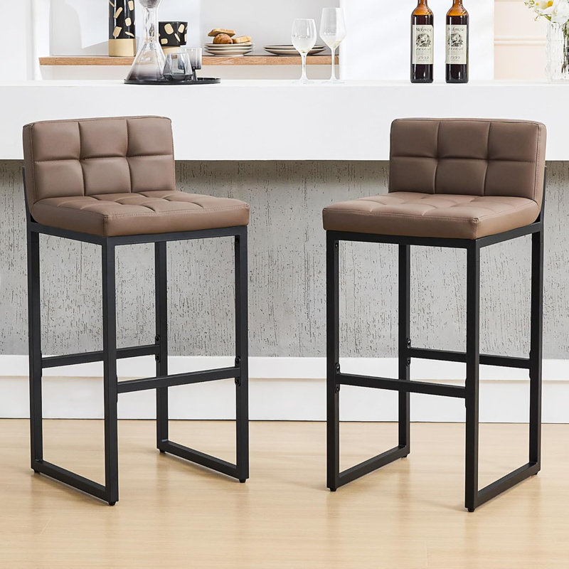 Tabouret de bar rembourré à dossier bas avec structure en métal épaissie pour îlot de cuisine, Brun, 2