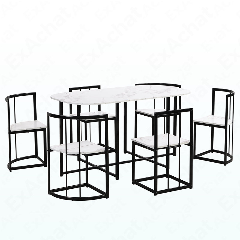 Ensemble de table de salle à manger moderne de 7 pièces avec table de cuisine compacte en faux marbre 55 pouces pour 6 personnes, blanc et cerisier