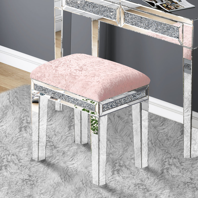 Mikayil Glass Mirrored Accent Stool Diamonds Vanity Stool, Light Pink
