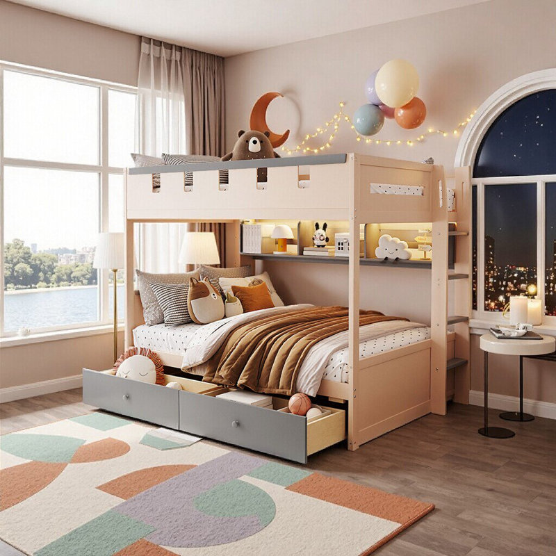 Lit mezzanine pour enfants Magical Castle avec éclairage à DEL intégré et tablettes, 2 tiroirs de rangement - Lit superposé amusant