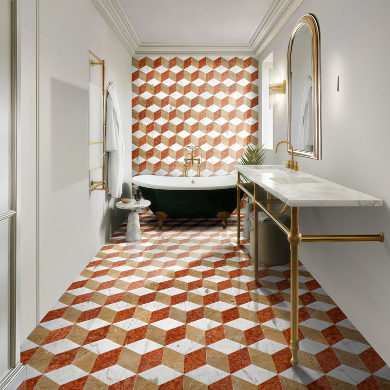 , Carreaux de marbre hexagonaux polis à jet d'eau tricolore blanc et rouge, naturel pour mur et plancher de couloir, 12 pièces par boîte, variation unique