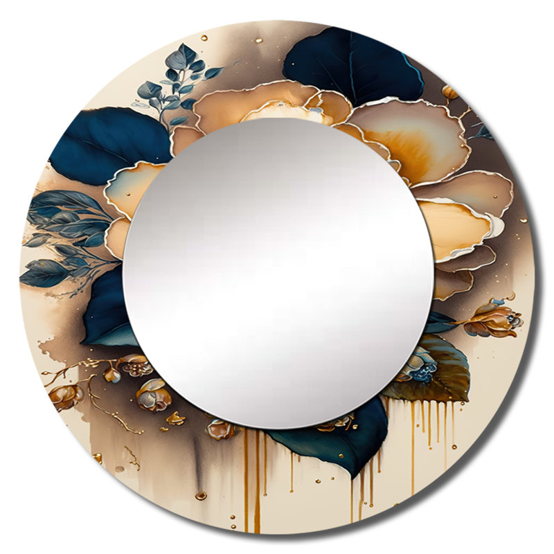 Rachon Yellow And Dark Blue Camellia Flower I - Camellia Decorative Mirror, Traditional Round Wall Mirror, Printed Metal Art