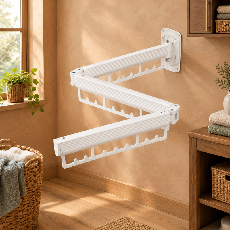 Séchoir à linge mural pliable et rétractable blanc pour la lessive intérieure ou extérieure dans les balcons, les chambres et les salles de bain