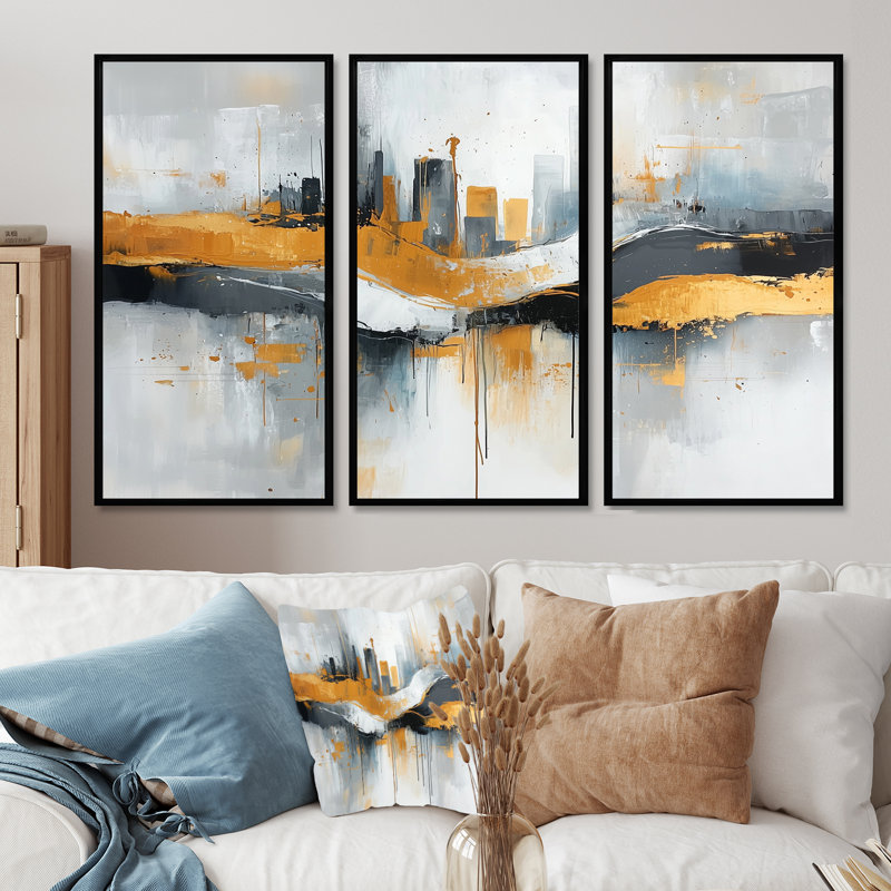 «Bold Minimalisme Cityscape Horizon I», art mural grand paysage urbain - 3 panneaux, H 28 po x l 36 po, Noir