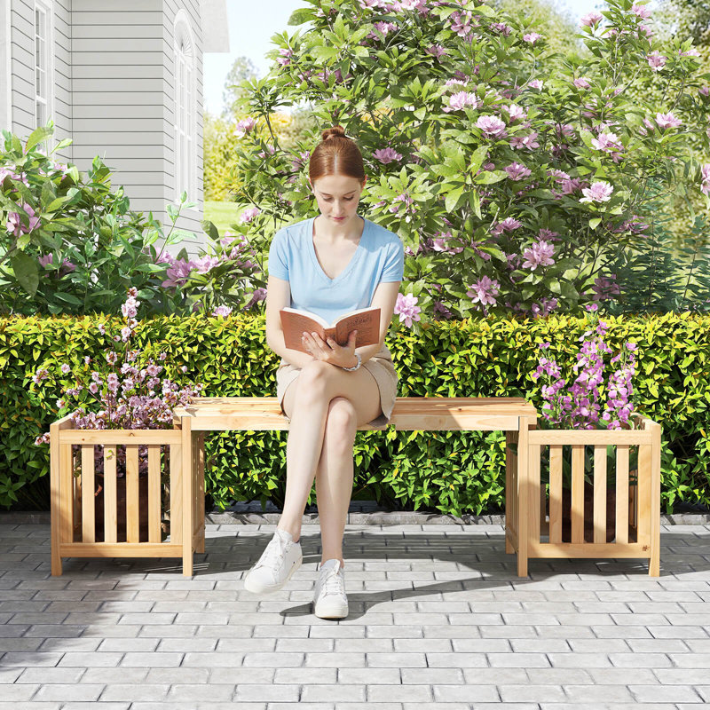 Patio Wooden Bench with Planter 2 Side Flower Box Slot Design for Easy Assembly