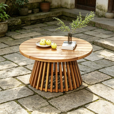 Table basse d'extérieur ronde en bois d'acacia au fini teck, table basse à base de lattes de 31,5 po de diamètre pour cour arrière, pelouse, balcon, capacité de poids de 215 lb