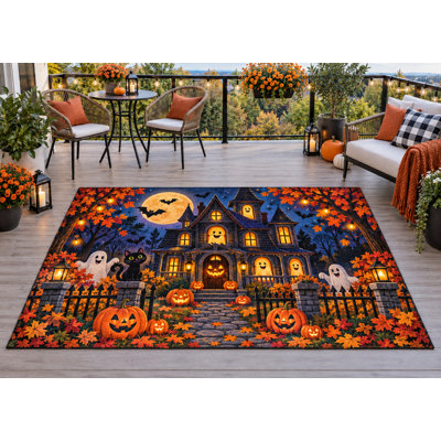 Tapis d'extérieur 152 x 213 cm (5' x 7') motif fantôme d'Halloween, en PVC épais, imperméable et bouclé, idéal pour une terrasse ou une entrée. Séchage rapide.