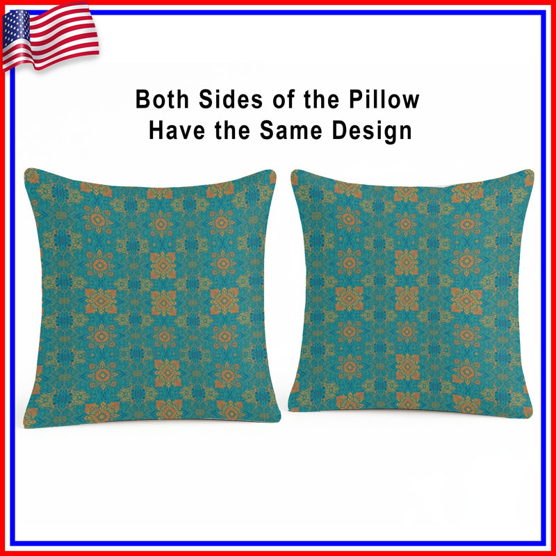 Turquoise Orange Mandala Pattern Double Sided Throw Pillows, 14 x 14 inches