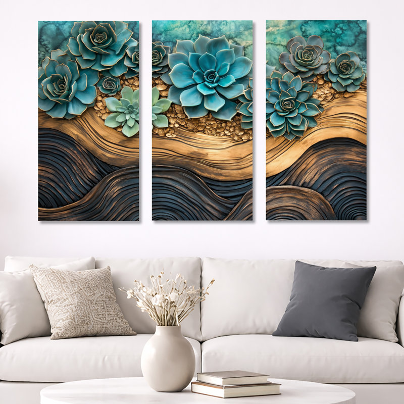 Crête de rosette dorée - Impression sur toile en 3 parties représentant des plantes succulentes, H 40 po x l 60 po
