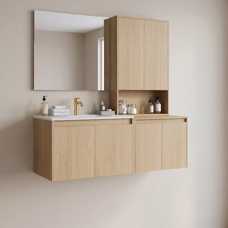 Meuble-lavabo simple 54 po avec armoire supérieure, lavabo en céramique et conception sans poignée 54 po, Ash Tree, 54"
