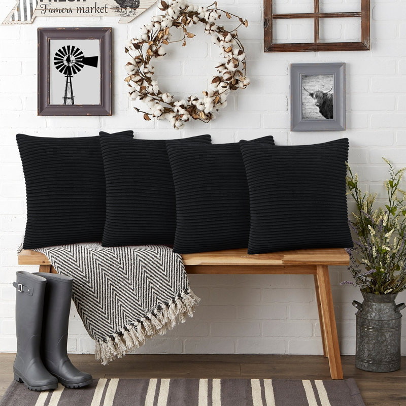Shadwell Striped Square Scatter Crushed Velvet Cushion Cover, Black