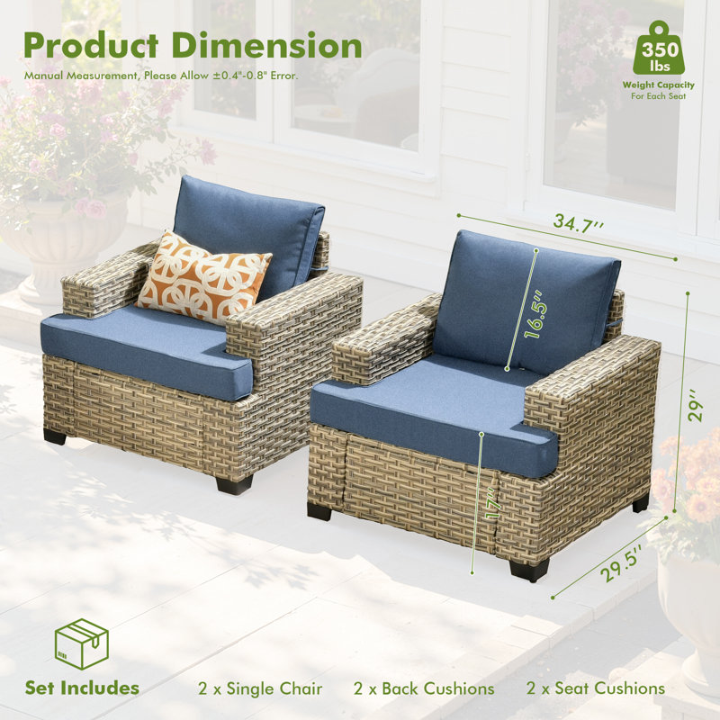 All-Weather Wicker Outdoor Lounge Chair With Cushions (Set Of 2), Blue