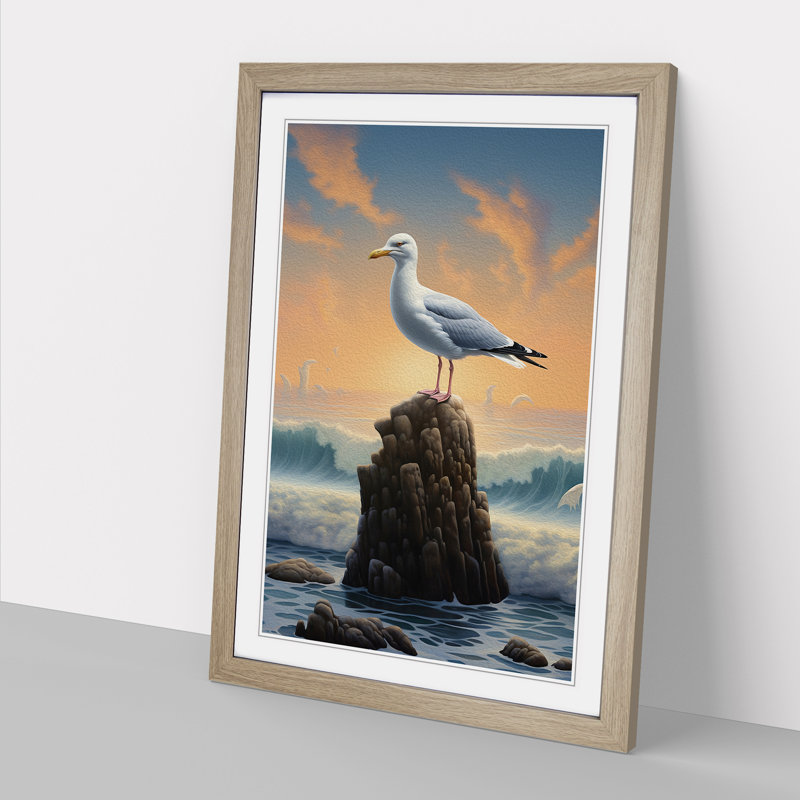 Seagull Surrealism - Single Picture Frame Print on Wood, Oak, 34cm H x 25cm W x 2cm D
