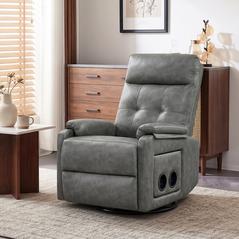 25.2"Manual Swivel Chair with Storage Pocket, Flip-Down Tray Table and Dual Cup Holders, Gray Faux Leather
