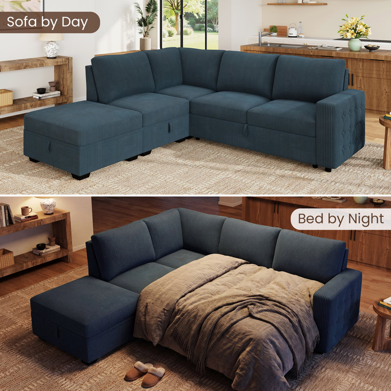 Brunella L Shaped Upholstered Corduroy Sleeper Sectional Sofa Blue, 35" H x 87" W x 84.2" D, Blue Corduroy