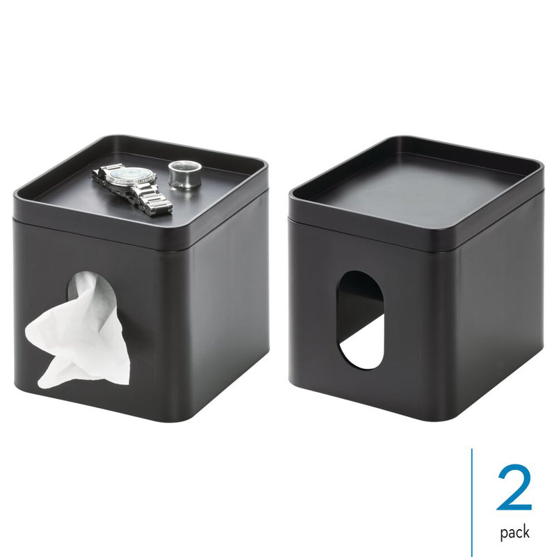 Black Square Tissue Box Cover with Built-in Tray - Set of 2