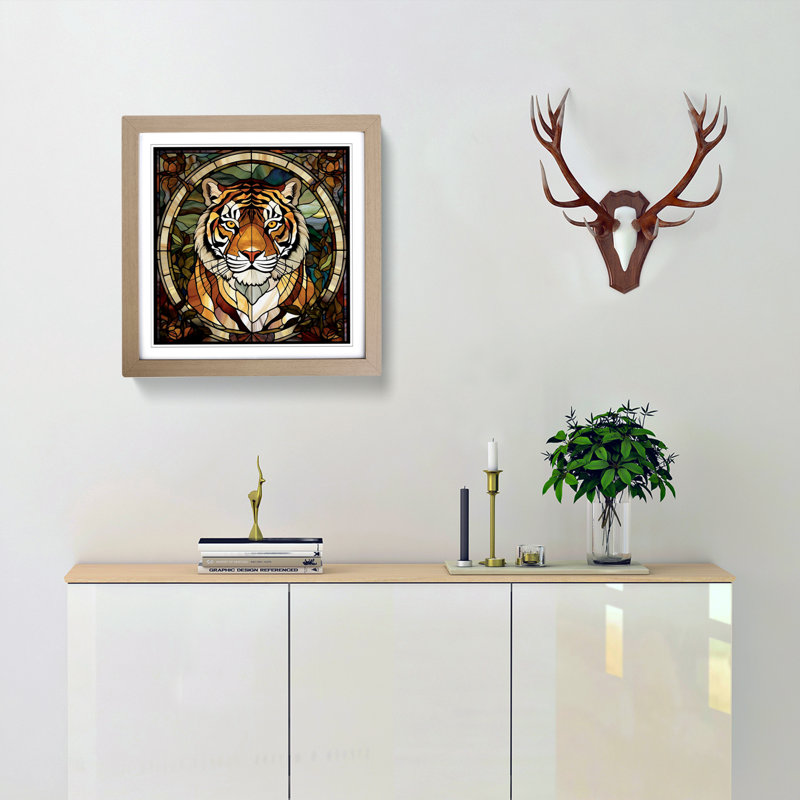Tiger Stained Glass Effect - Framed Print, Oak