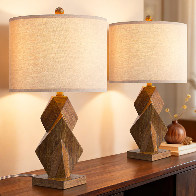Ensemble de lampes de table 24 po en résine à intensité variable moderne en bois pour chambre à coucher avec table de chevet et protection USB