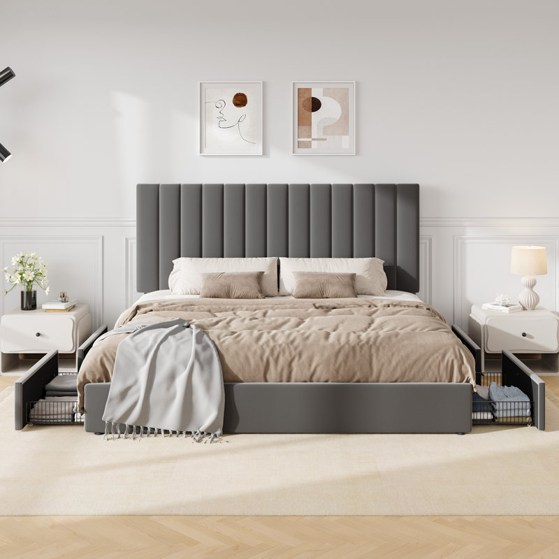 Structure de lit en velours avec tête de lit réglable et grands tiroirs, Gris, Très grand