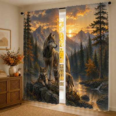 2Pcs Majestic Wolf Family Sunset Mountain Lake Scene Print, Light Filtering Curtains, Rod Pocket Design, for Living Room Bedroom Balcony Kitchen Home Decor