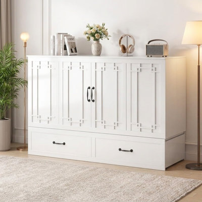 Grand lit armoire avec tiroirs de chargement et de rangement USB - Bois massif, matelas inclus