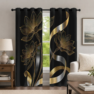 2 pièces rideaux à imprimé floral noir et or, rideau de style botanique élégant, rideaux à œillets métalliques de luxe contemporain, habillage de fenêtre pour le décor de la chambre à coucher