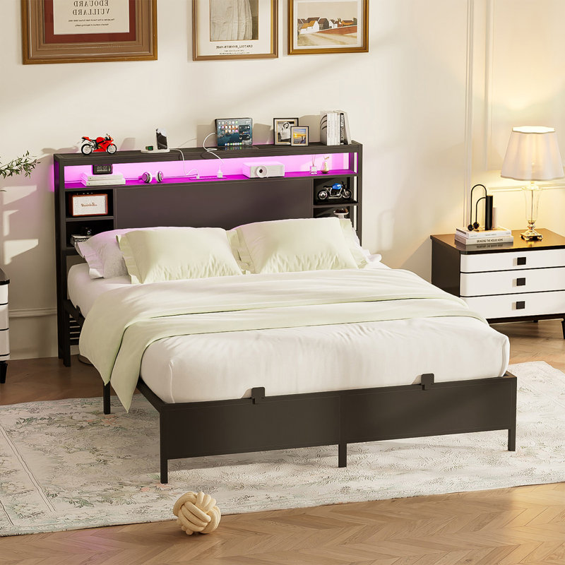 Bed Frame With Charging Station And RGB LED Lights, Headboard With Storage No Box Spring Needed, Twin, Black
