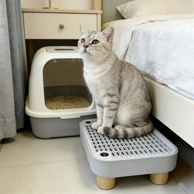 Cat Litter Box Step & Trapping Mat, Easy-Clean Litter Catcher with Detachable Lid for Floor Protection