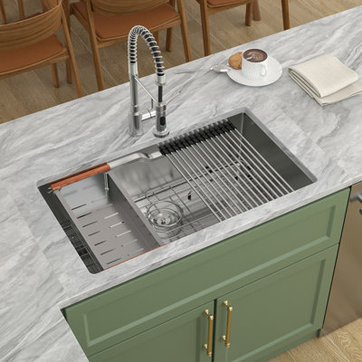 33" Stainless Steel 16 Gauge Single Bowl Workstation Undermount Kitchen Sinks