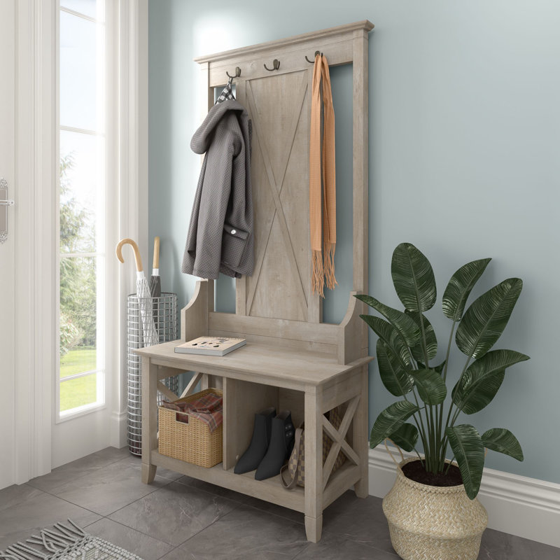Arbre d'entrée Huckins de 32 po de largeur avec banc et rangement pour chaussures, Gris délavé