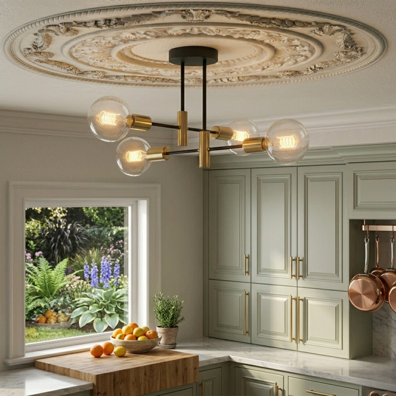 Lustre linéaire moderne Spoutnik à 4 lumières avec accents en fer forgé Rensselear