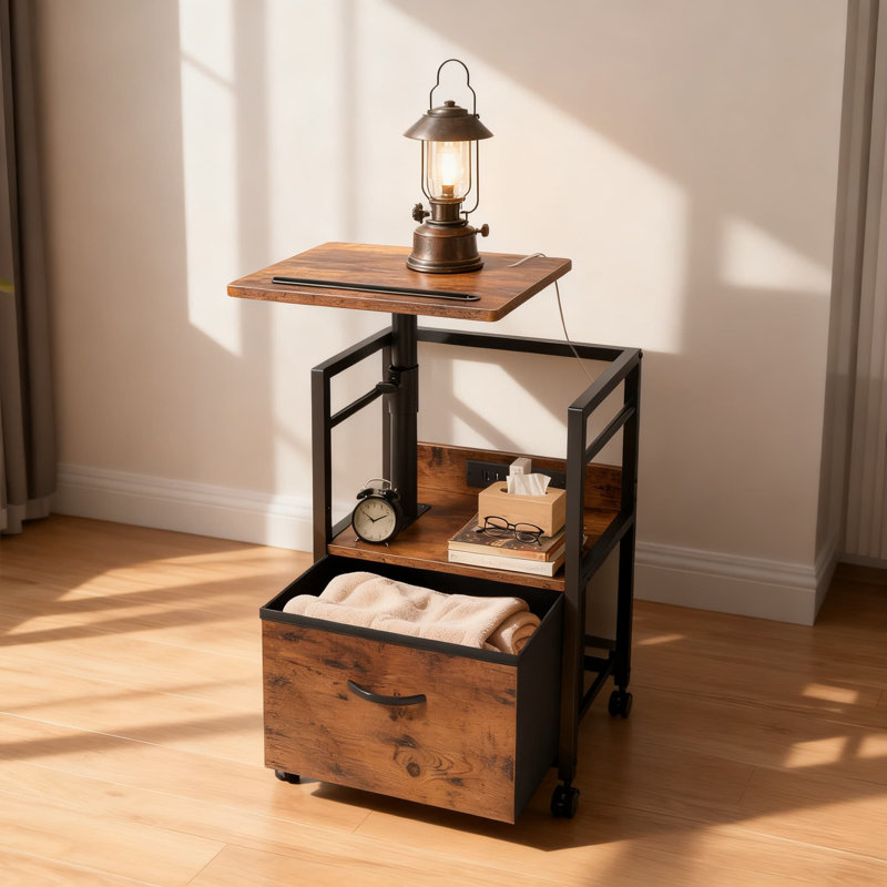 Table de chevet pivotante à plateau relevable avec station de charge, table de chevet pivotante à 360 ° à hauteur réglable, table de bout mobile avec roues verrouillables et tiroir de rangement en tissu