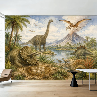 Papier peint adhésif pelez et collez, dinosaures préhistriques, volcan, forêt, paysage, mur, mur, H 100 po x l 144 po, amovible, papier peint mural en PVC, autocollant, pour chambre à coucher, salon, chambre de bébé