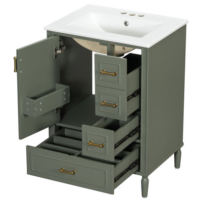 Meuble-lavabo autoportant avec lavabo en céramique, porte à fermeture douce, 3 tiroirs, poignées dorées