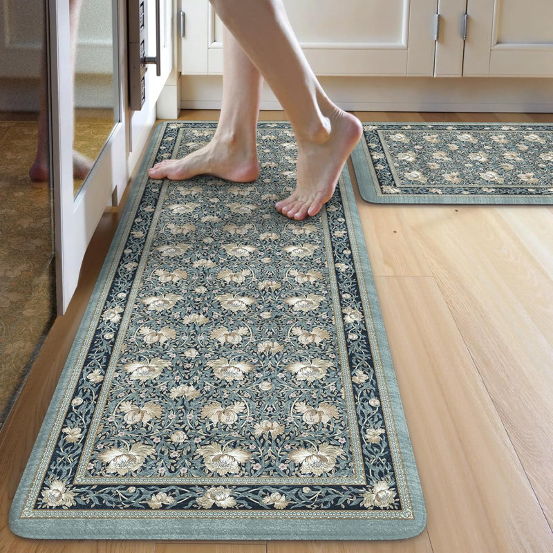 Sets of 2 Comfort Boho Vintage Floral Sink Rug, 119cm L x 44cm W, Blue